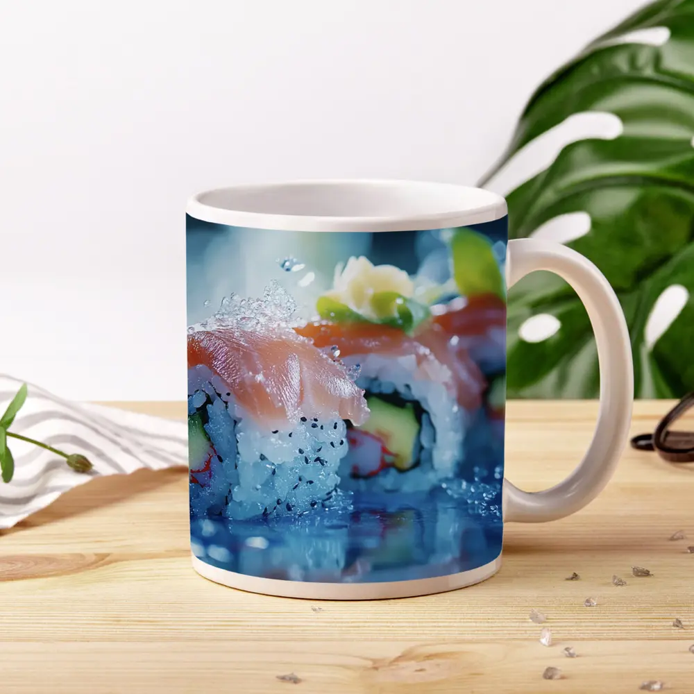Salmon Sushi Rolls Blue Water Splash – Mugs