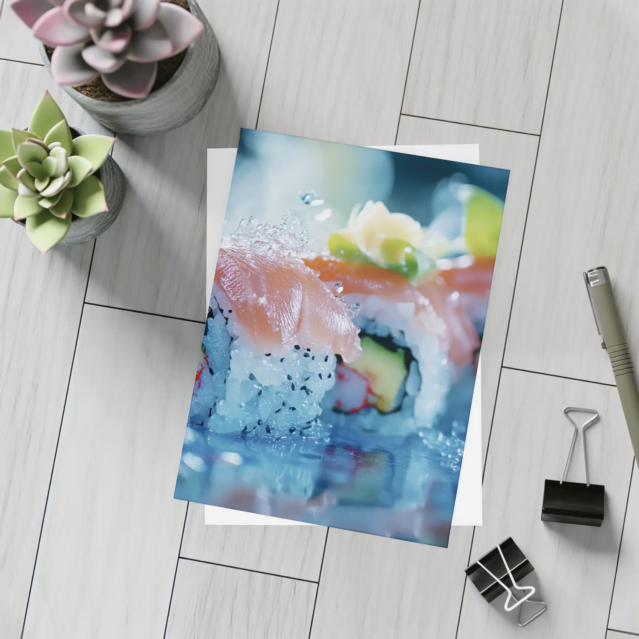 Salmon Sushi Rolls Blue Water Splash – Postcards