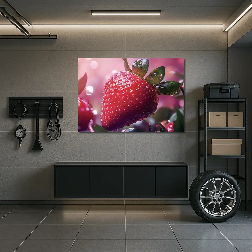Red Strawberry Close Up Pink Bokeh Background – Wall Art