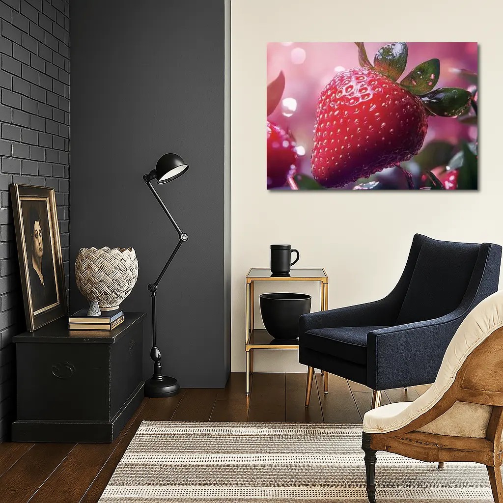 Red Strawberry Close Up Pink Bokeh Background – Wall Art