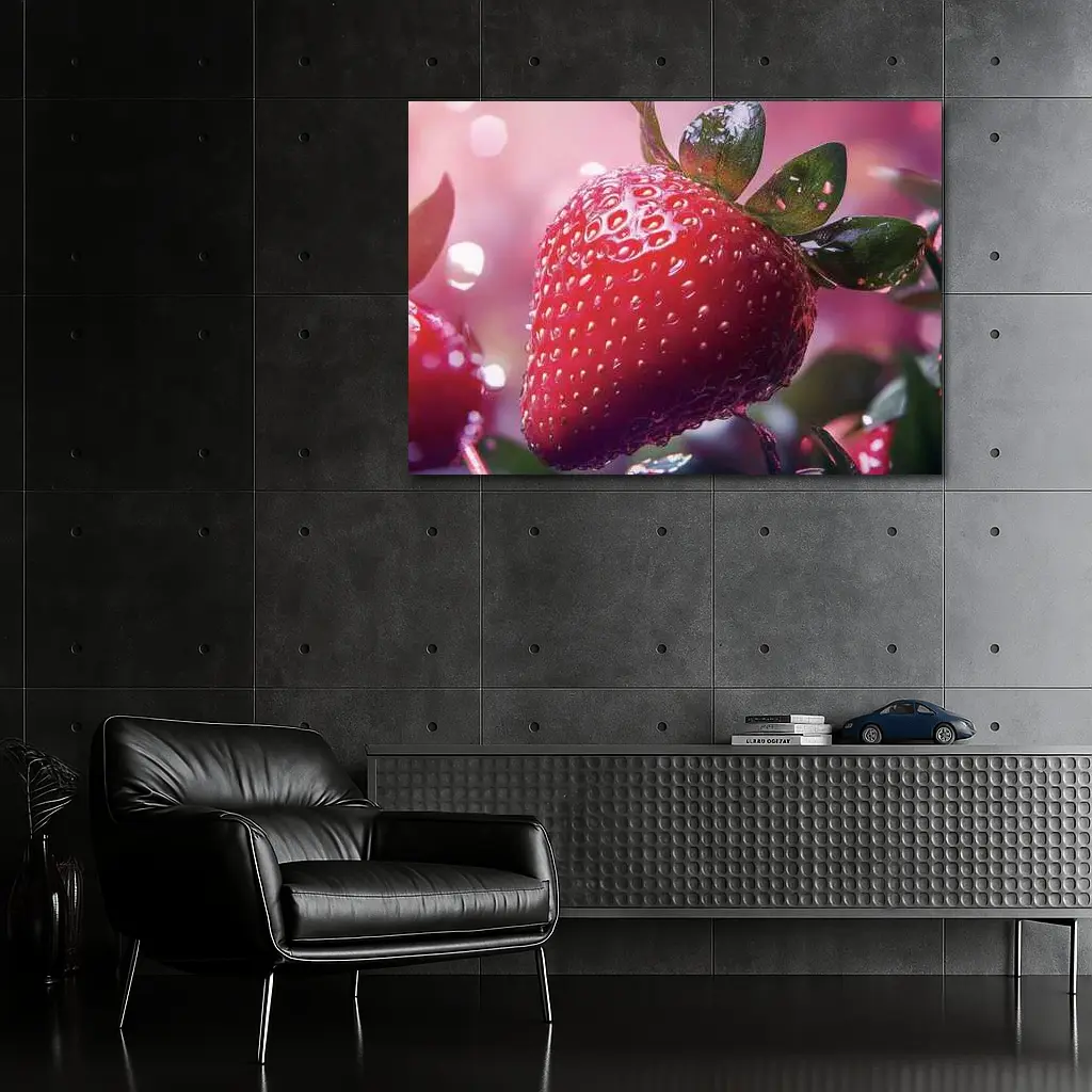 Red Strawberry Close Up Pink Bokeh Background – Wall Art