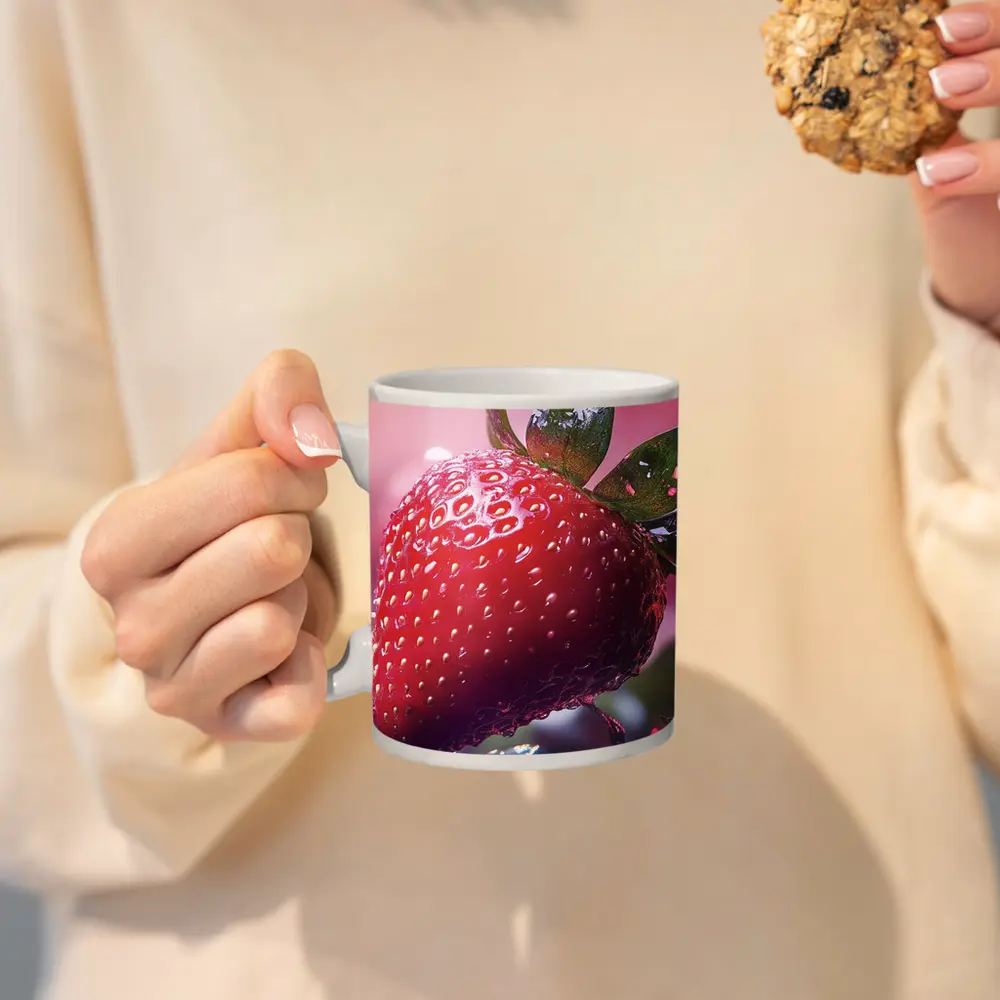 Red Strawberry Close Up Pink Bokeh Background – Mugs