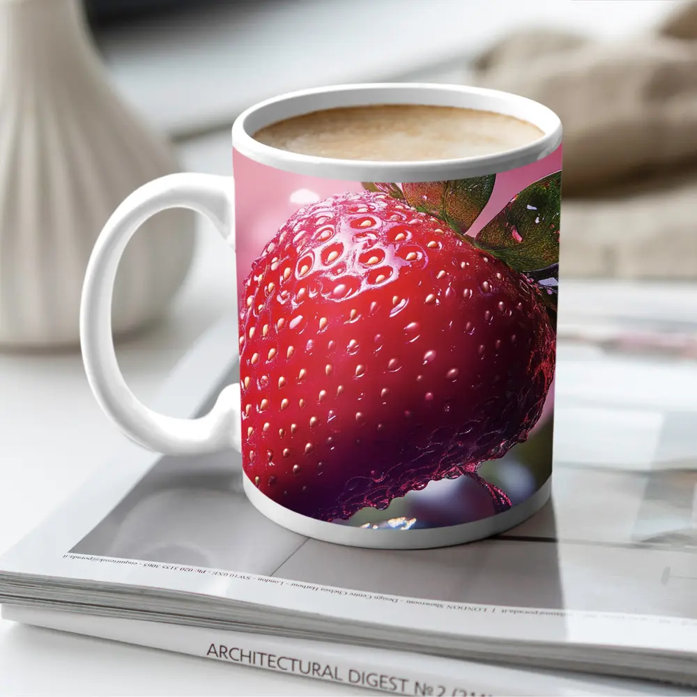 Red Strawberry Close Up Pink Bokeh Background – Mugs