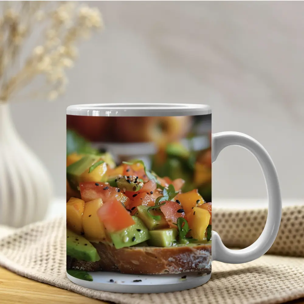 Avocado Mango Tomato Toast Close Up – Mugs