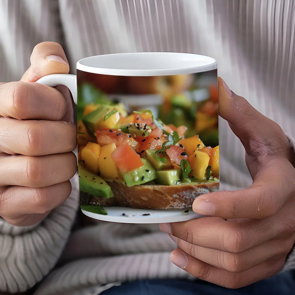 Avocado Mango Tomato Toast Close Up – Mugs