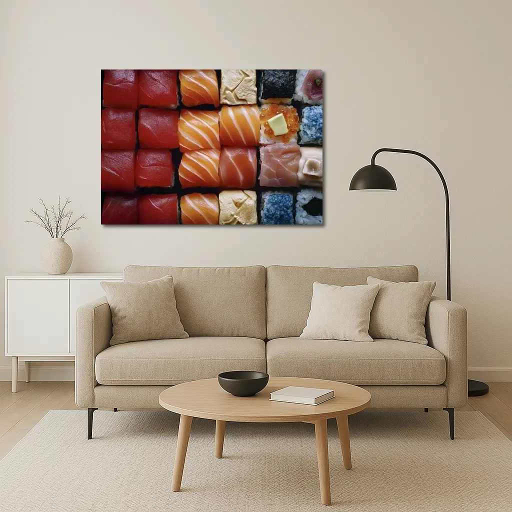 Fresh Sushi Rolls Close Up Overhead View – Wall Art
