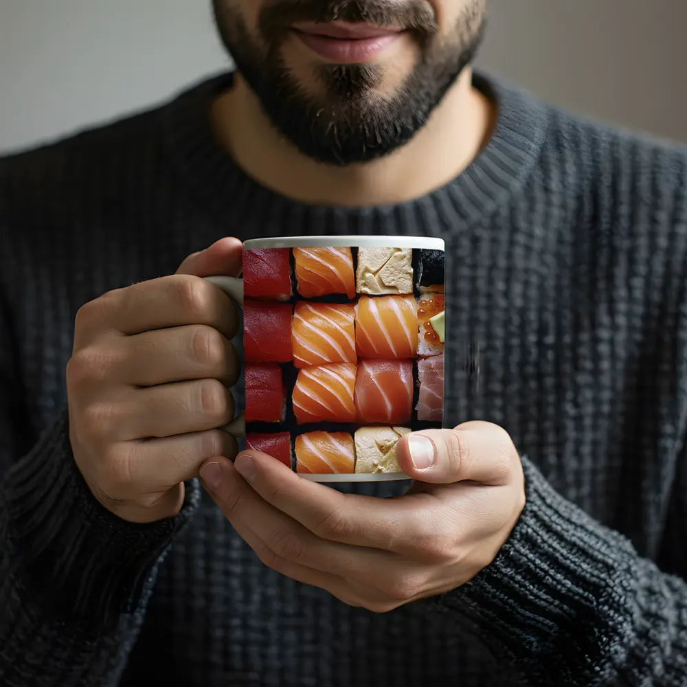 Fresh Sushi Rolls Close Up Overhead View – Mugs