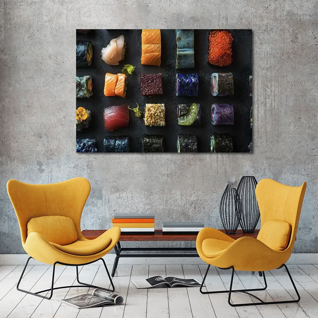 Assorted Sushi Rolls Dark Stone Background – Wall Art