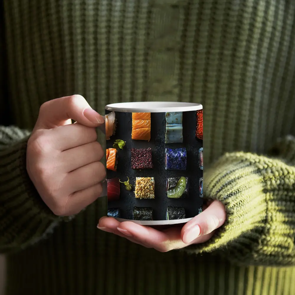 Assorted Sushi Rolls Dark Stone Background – Mugs