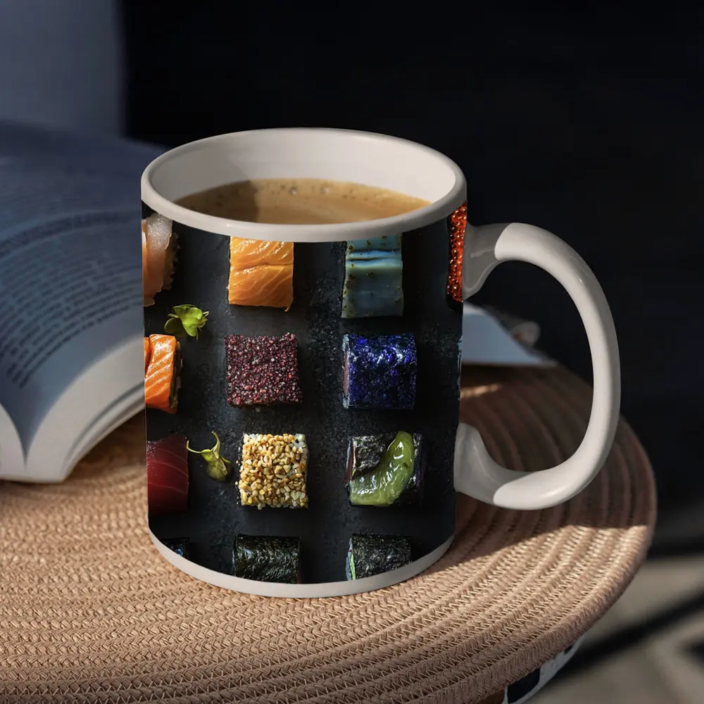 Assorted Sushi Rolls Dark Stone Background – Mugs