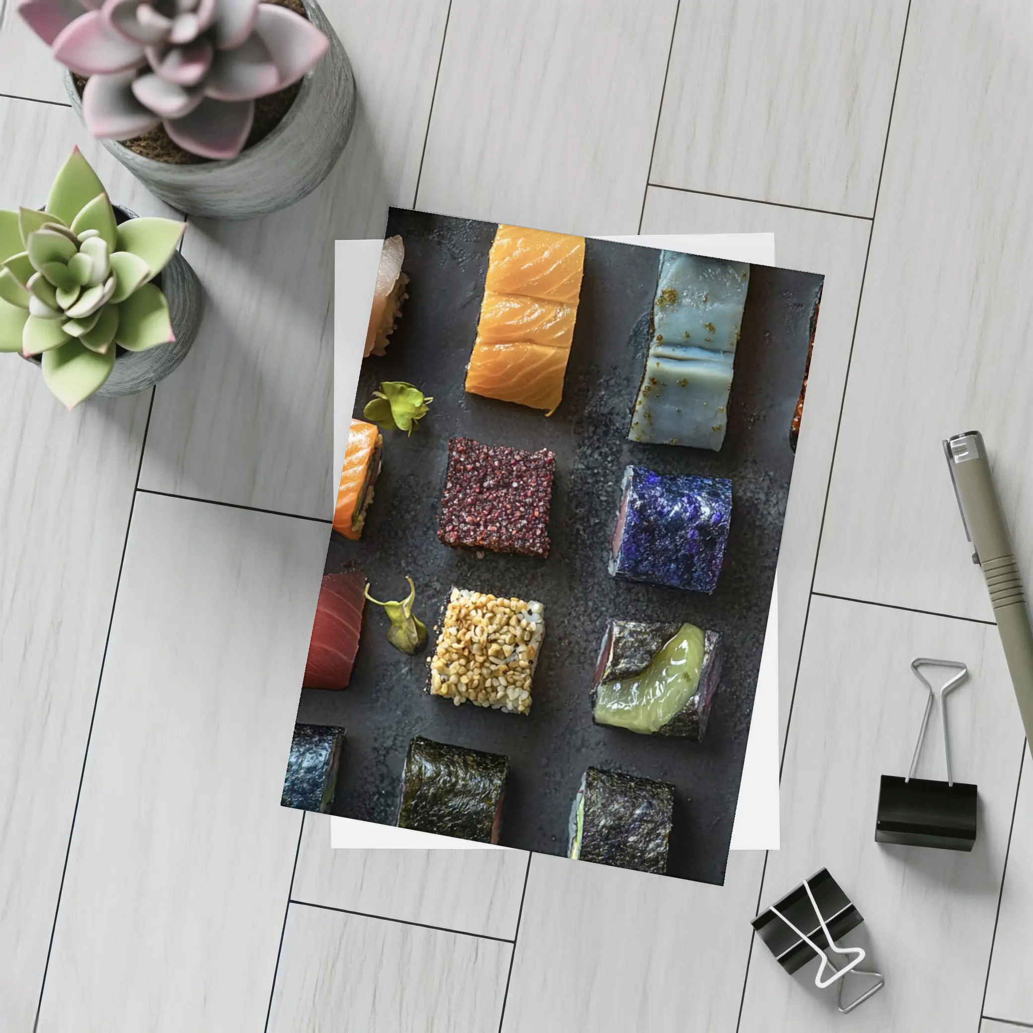 Assorted Sushi Rolls Dark Stone Background – Postcards