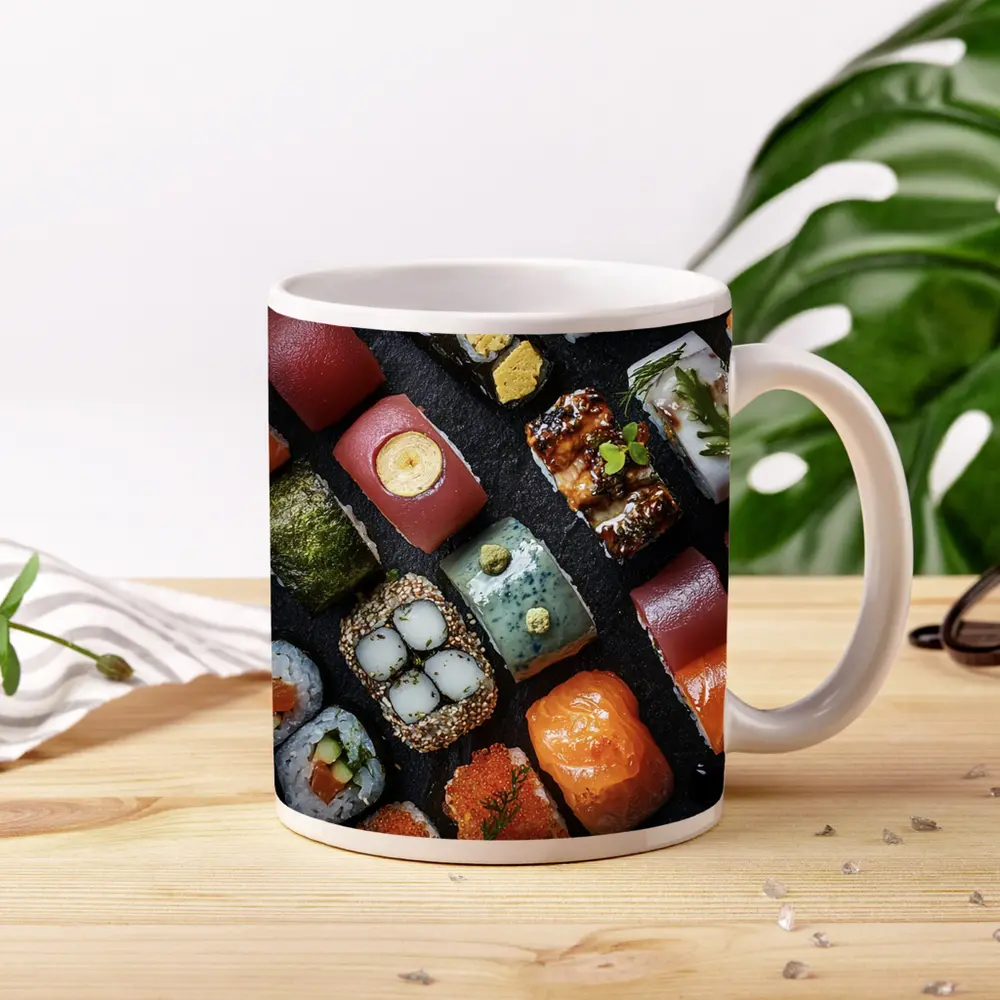 Assorted Sushi Platter Dark Stone Background – Mugs