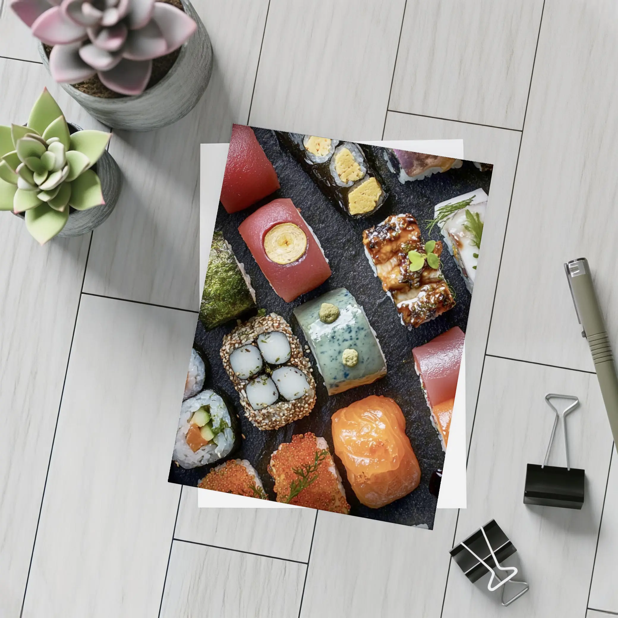 Assorted Sushi Platter Dark Stone Background – Postcards