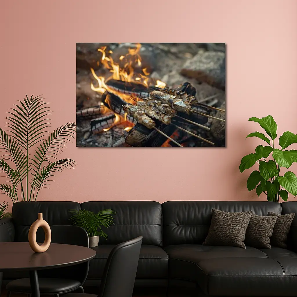 Grilled Skewers Over Open Campfire Flames – Wall Art