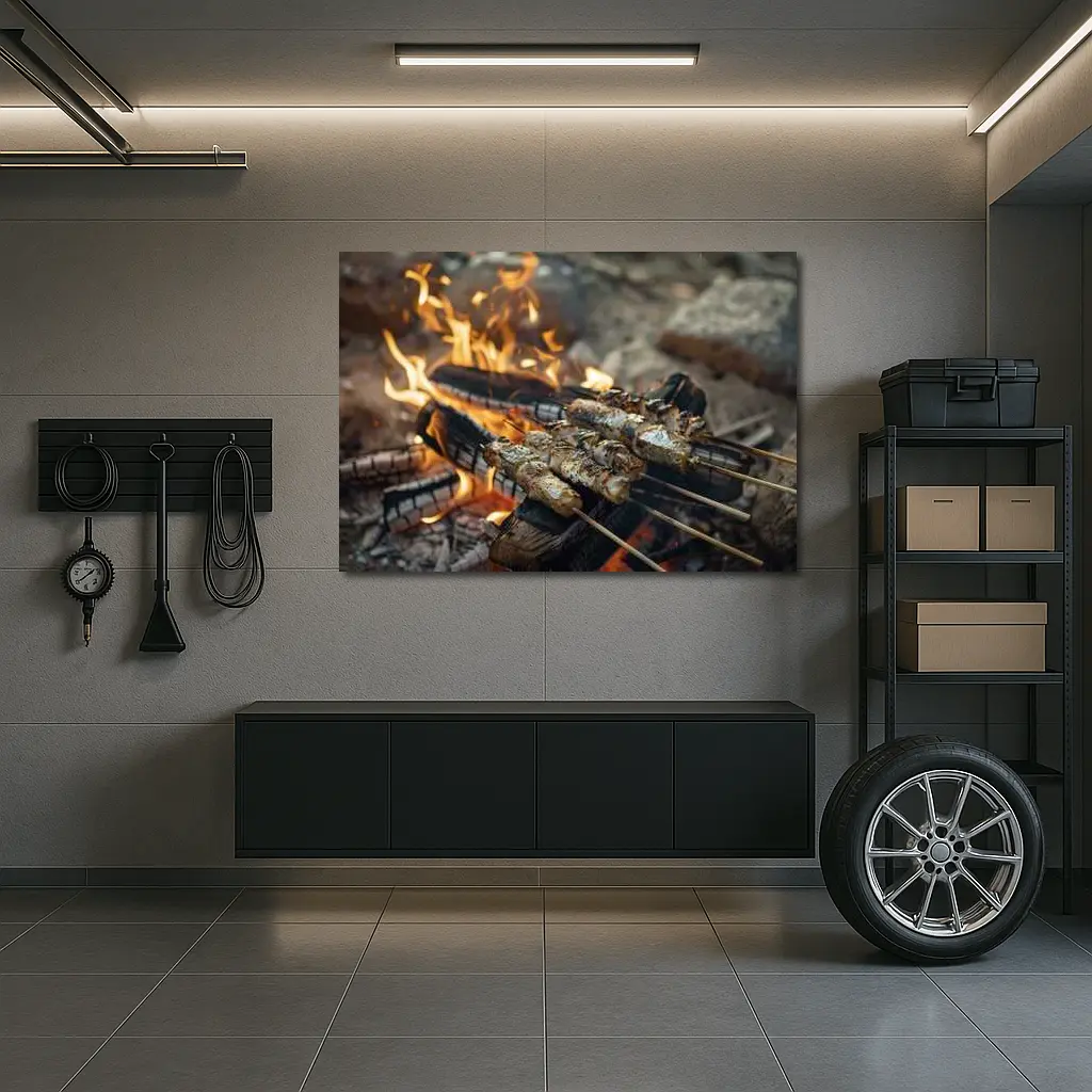 Grilled Skewers Over Open Campfire Flames – Wall Art
