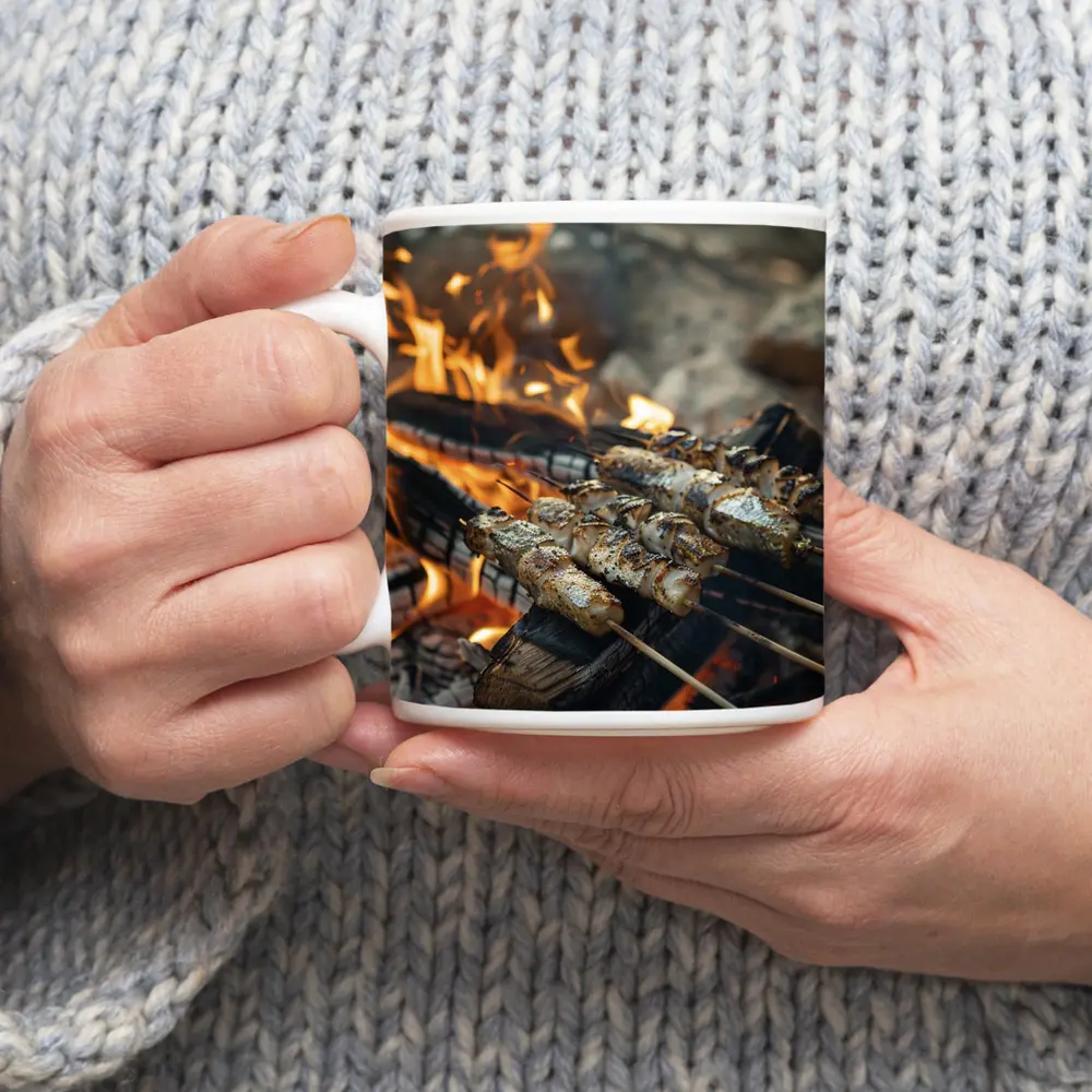 Grilled Skewers Over Open Campfire Flames – Mugs