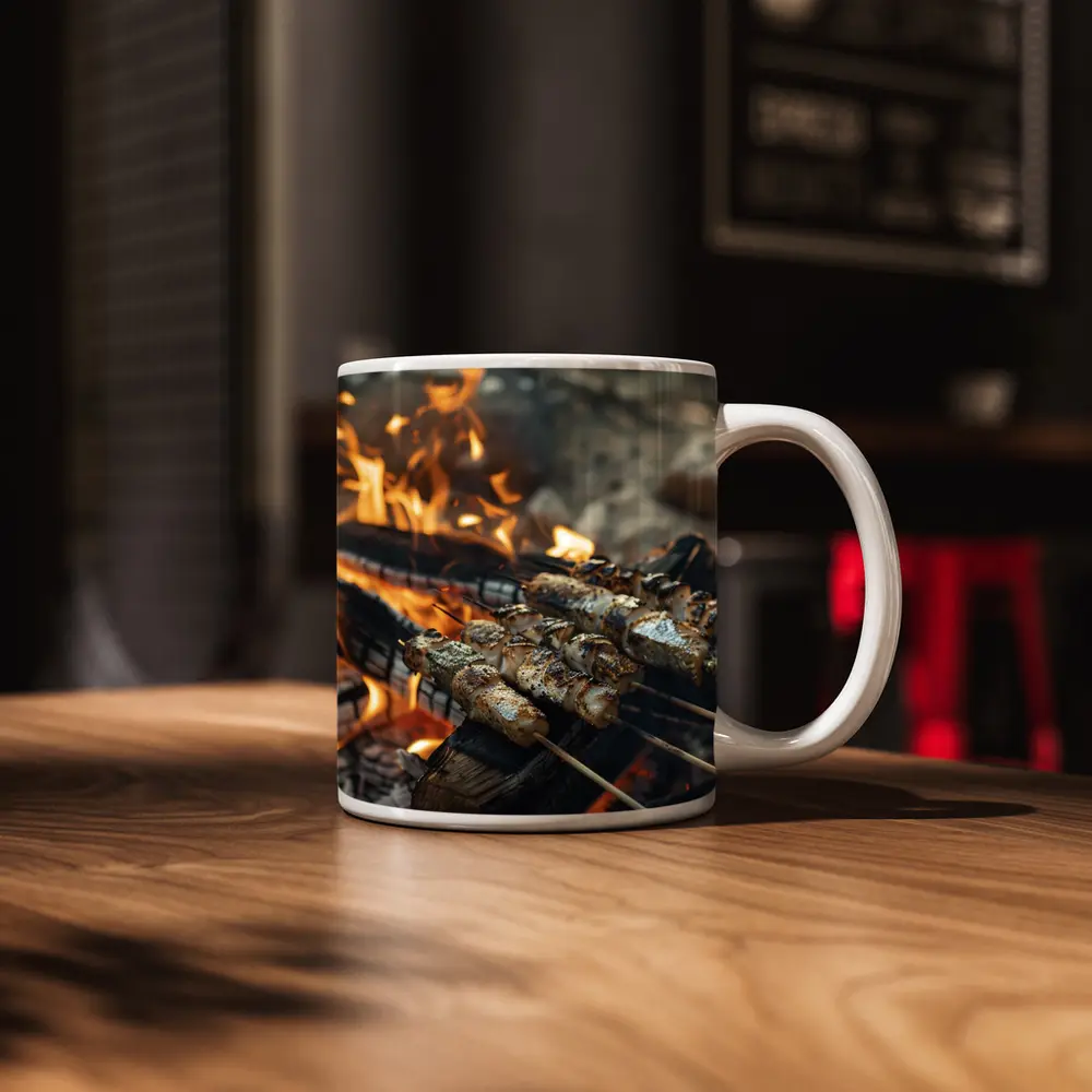 Grilled Skewers Over Open Campfire Flames – Mugs