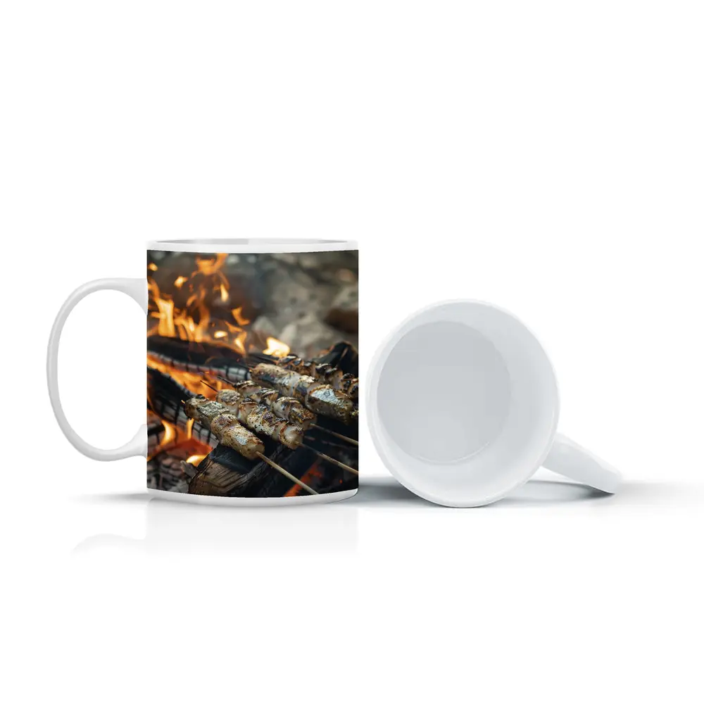 Grilled Skewers Over Open Campfire Flames – Mugs