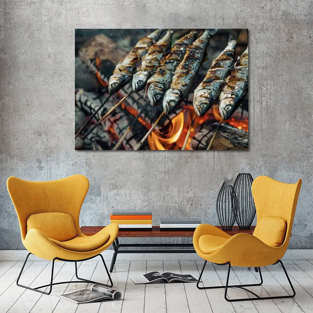 Sardines Grilled on Skewers Over Fire – Wall Art