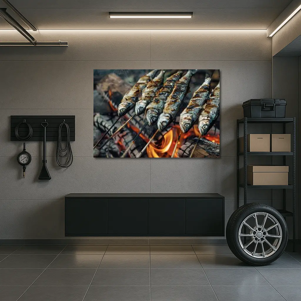 Sardines Grilled on Skewers Over Fire – Wall Art