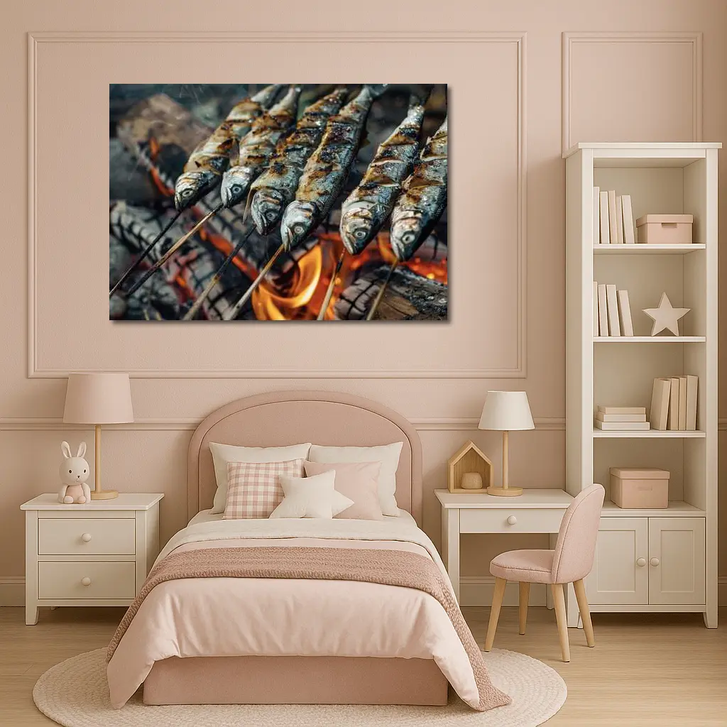 Sardines Grilled on Skewers Over Fire – Wall Art