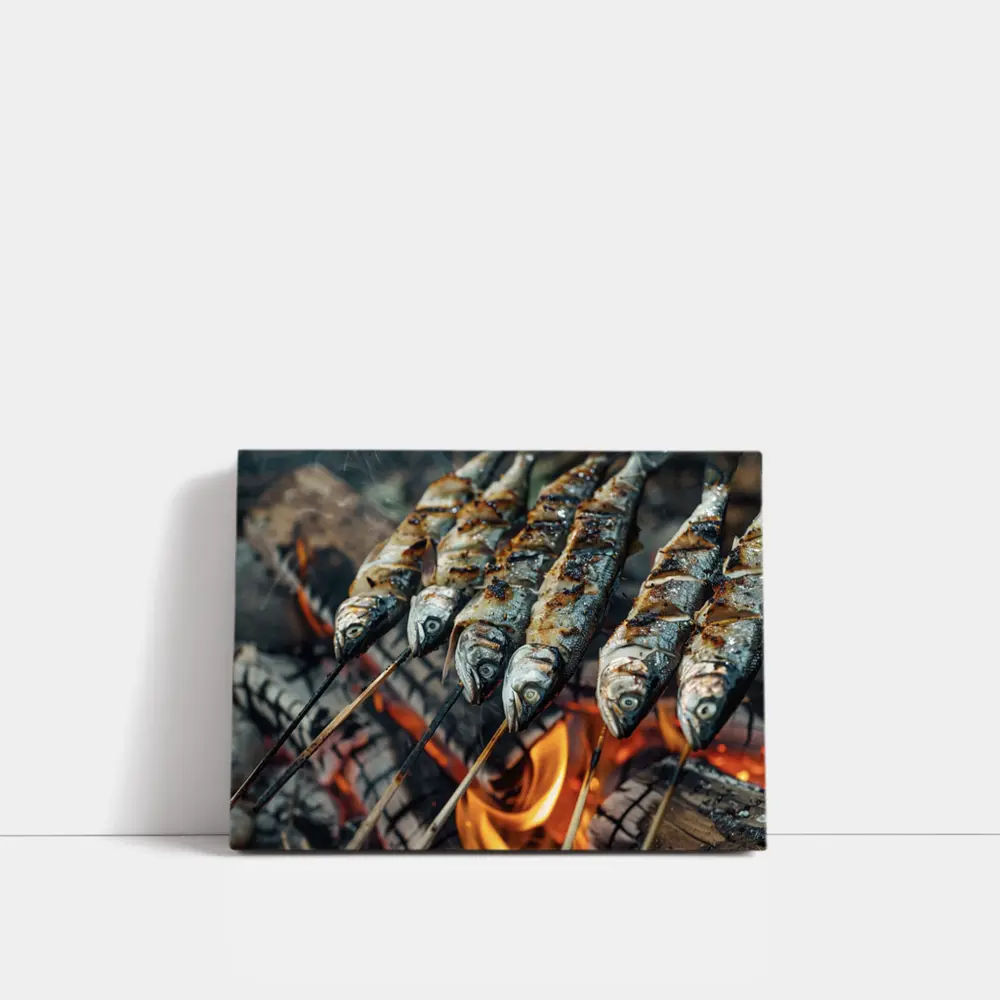 Sardines Grilled on Skewers Over Fire – Wall Art