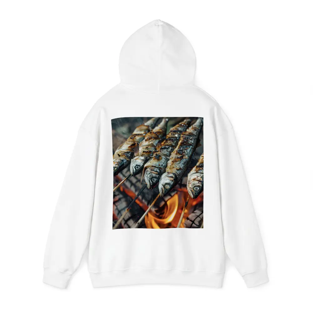 Sardines Grilled on Skewers Over Fire – Hoodies