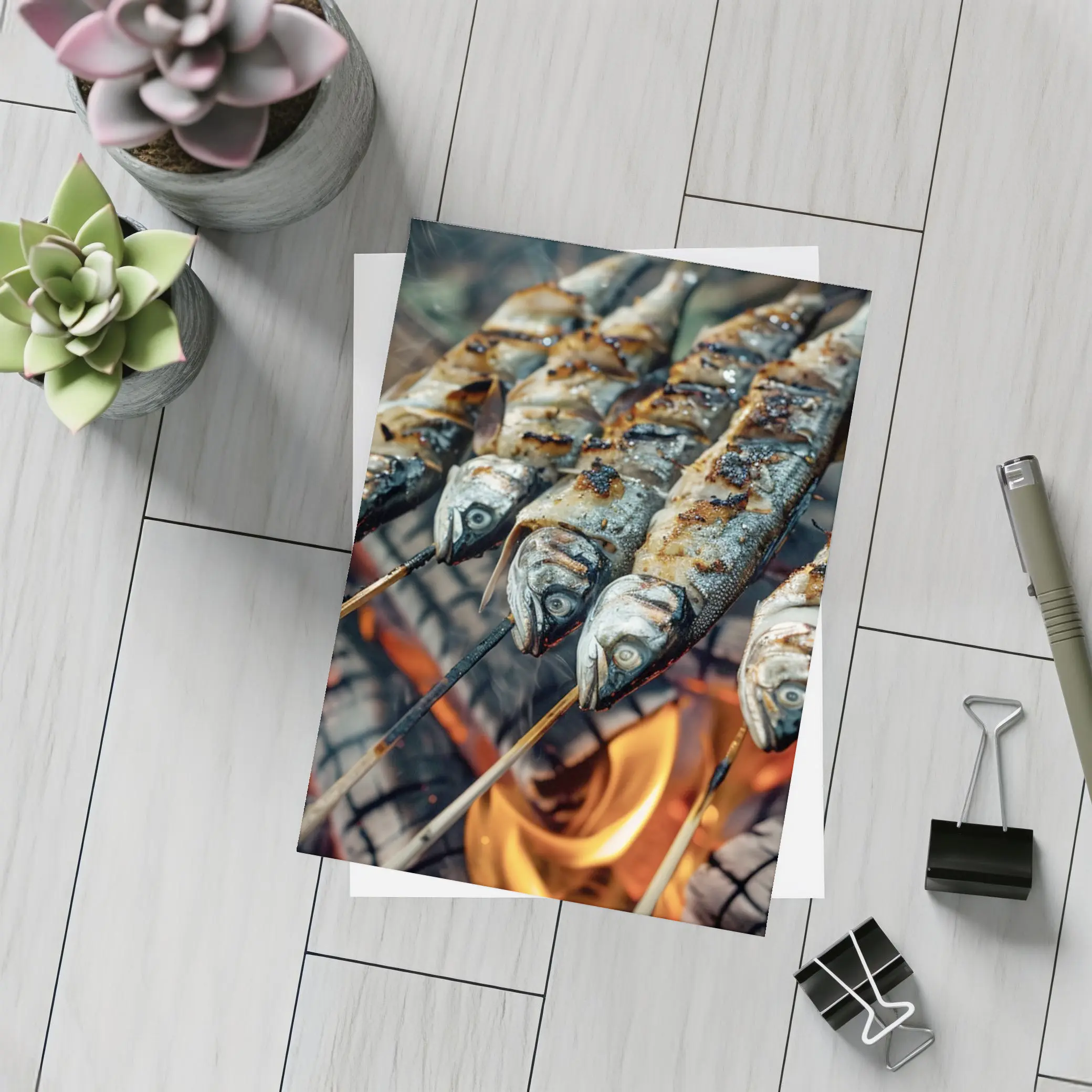 Sardines Grilled on Skewers Over Fire – Postcards