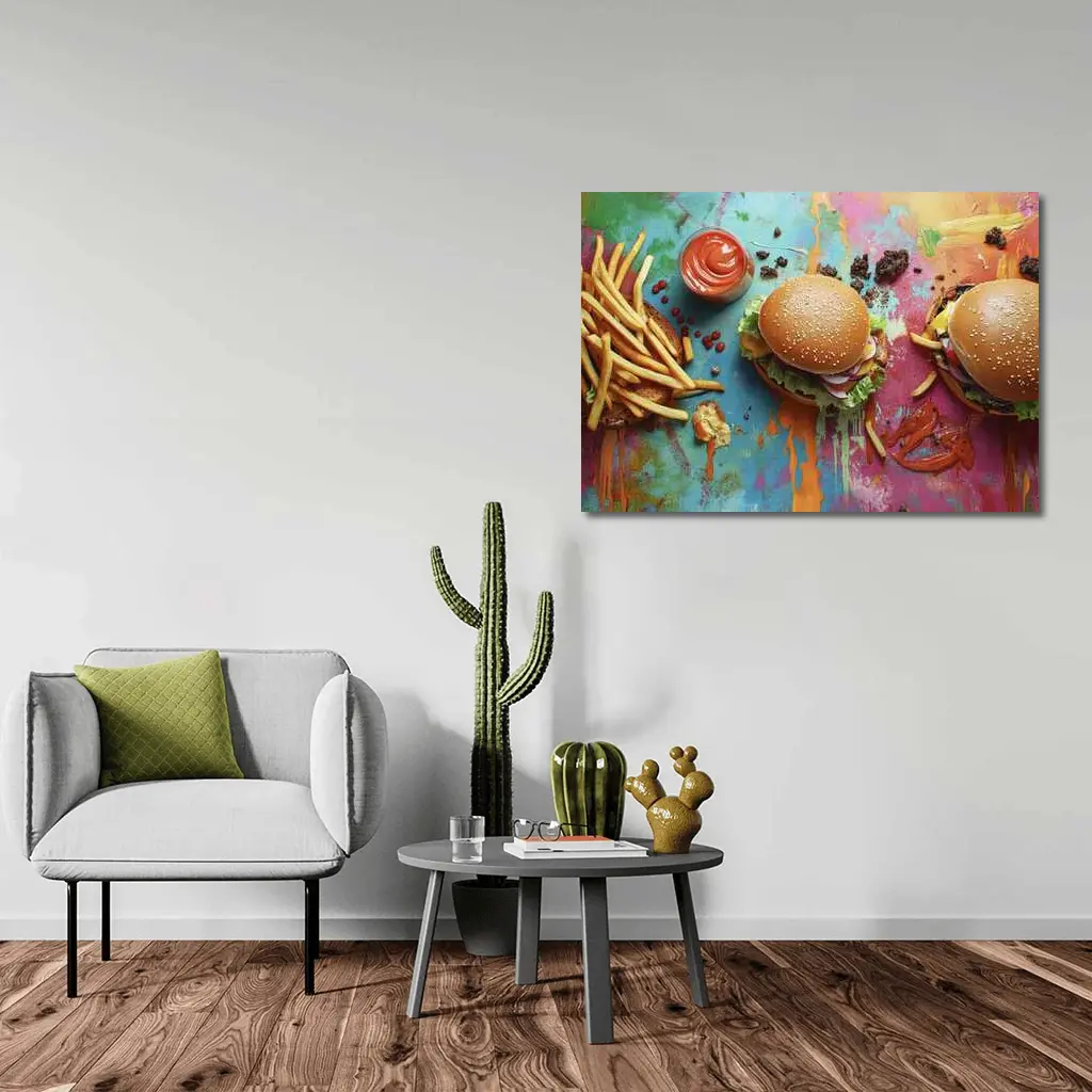 Burgers And Fries On Colorful Paint Background – Wall Art