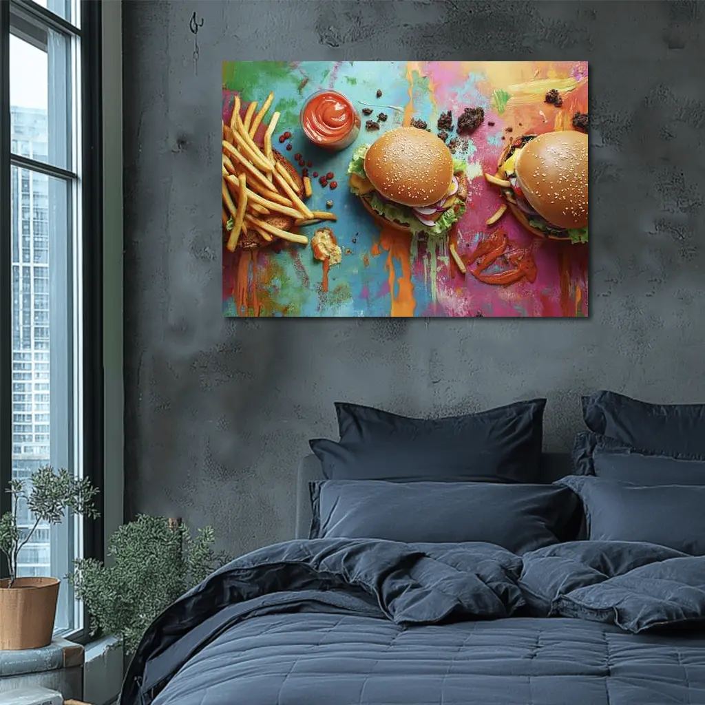 Burgers And Fries On Colorful Paint Background – Wall Art