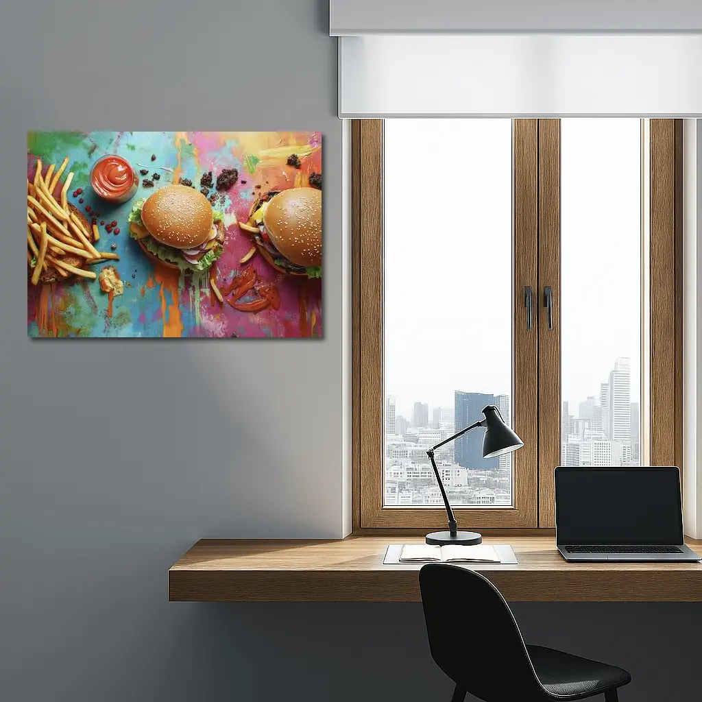 Burgers And Fries On Colorful Paint Background – Wall Art