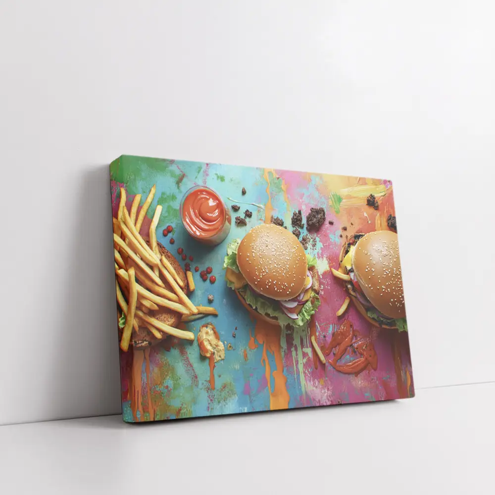 Burgers And Fries On Colorful Paint Background – Wall Art