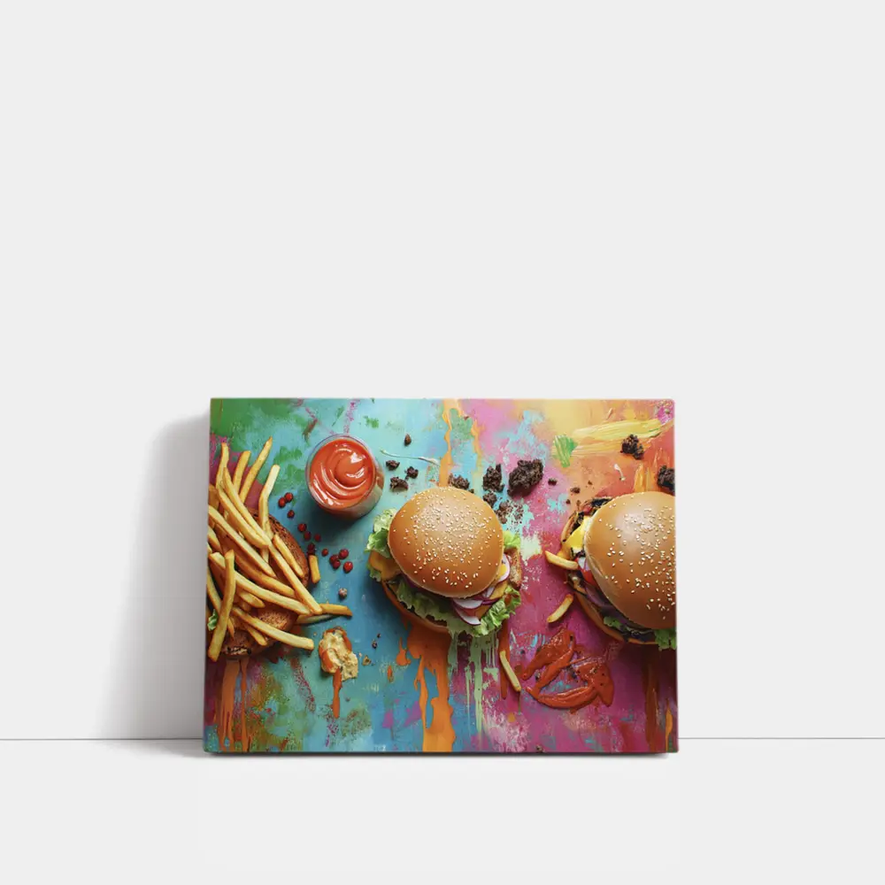 Burgers And Fries On Colorful Paint Background – Wall Art
