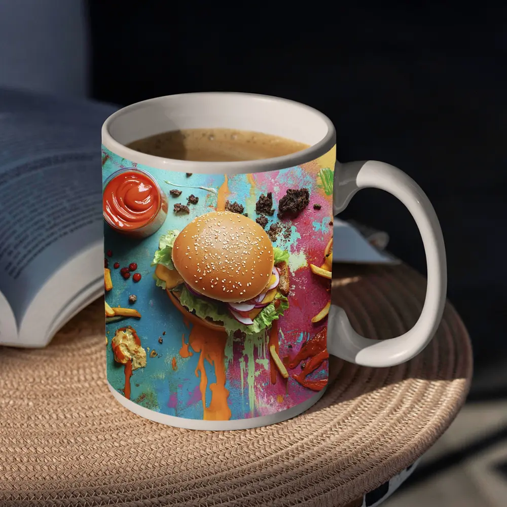 Burgers And Fries On Colorful Paint Background – Mugs