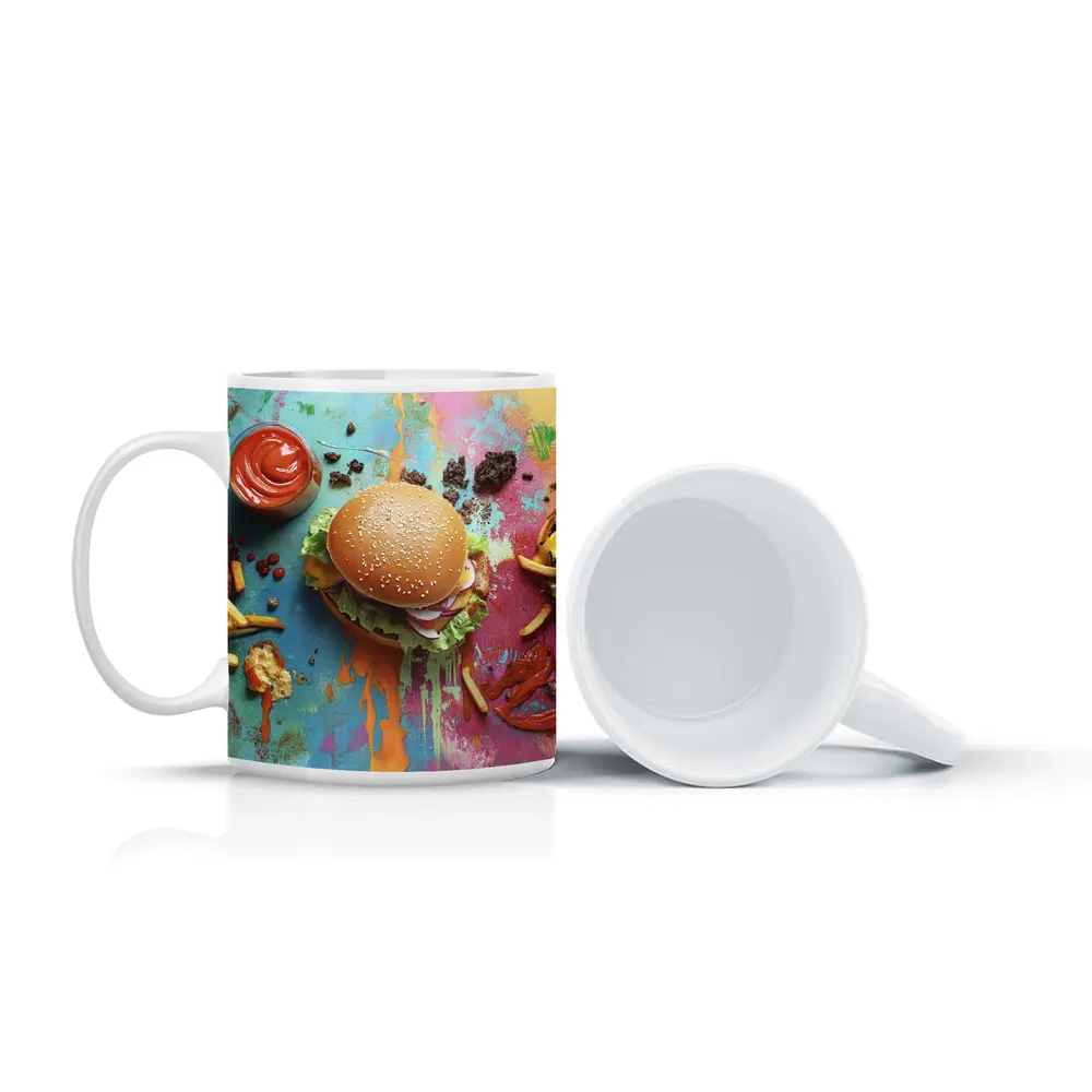 Burgers And Fries On Colorful Paint Background – Mugs