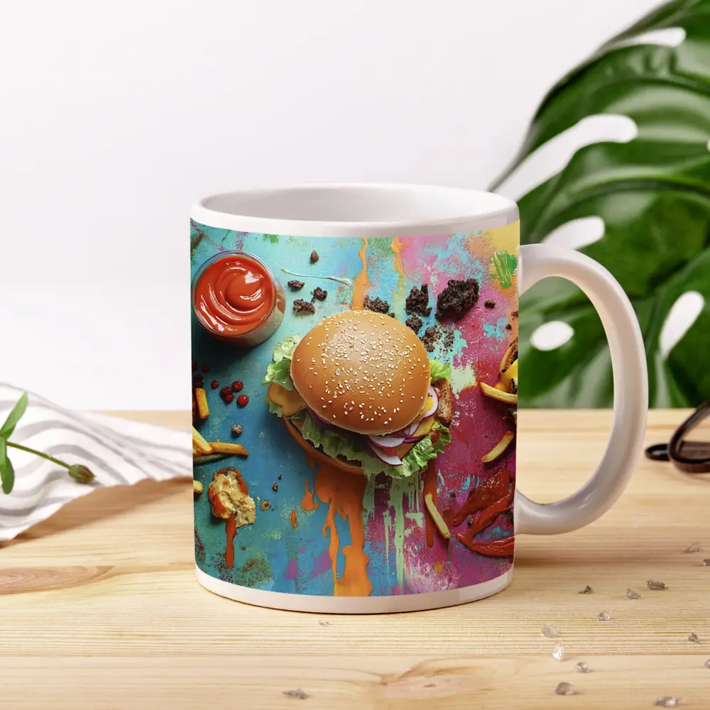 Burgers And Fries On Colorful Paint Background – Mugs
