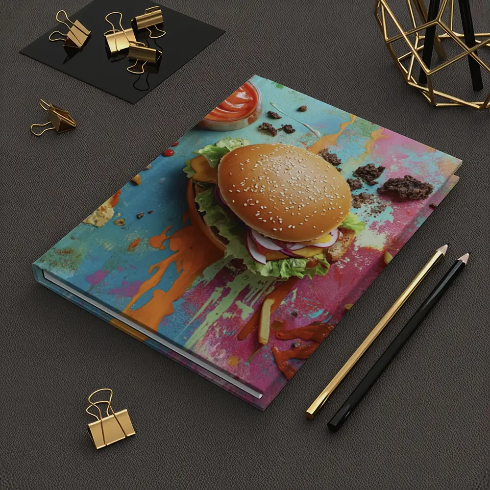 Burgers And Fries On Colorful Paint Background – Notebooks