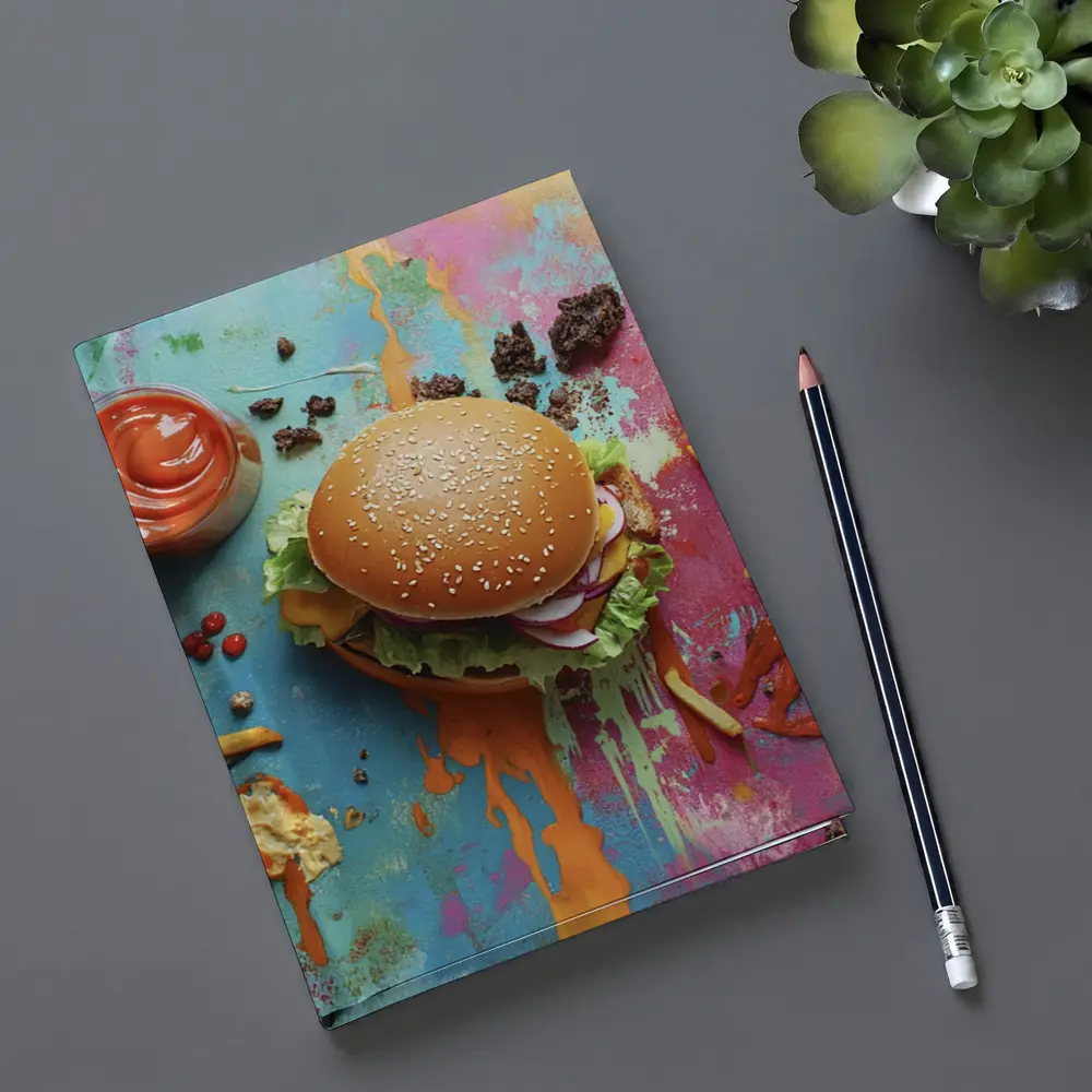 Burgers And Fries On Colorful Paint Background – Notebooks