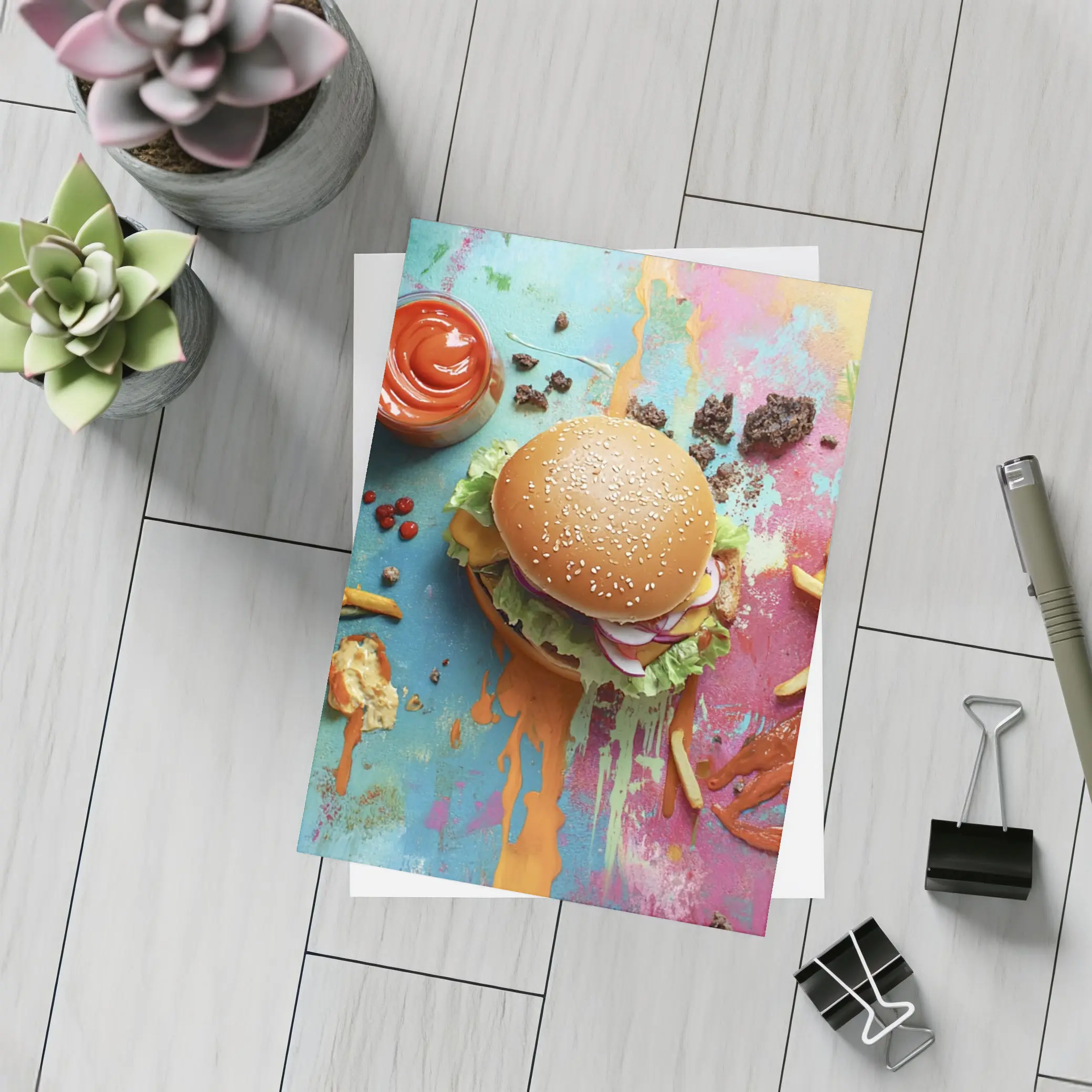 Burgers And Fries On Colorful Paint Background – Postcards