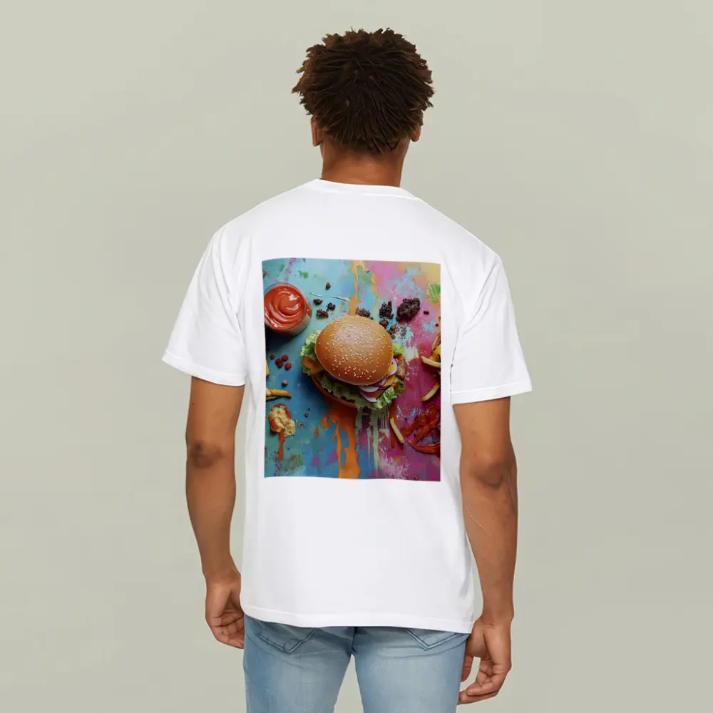 Burgers And Fries On Colorful Paint Background – T-Shirts