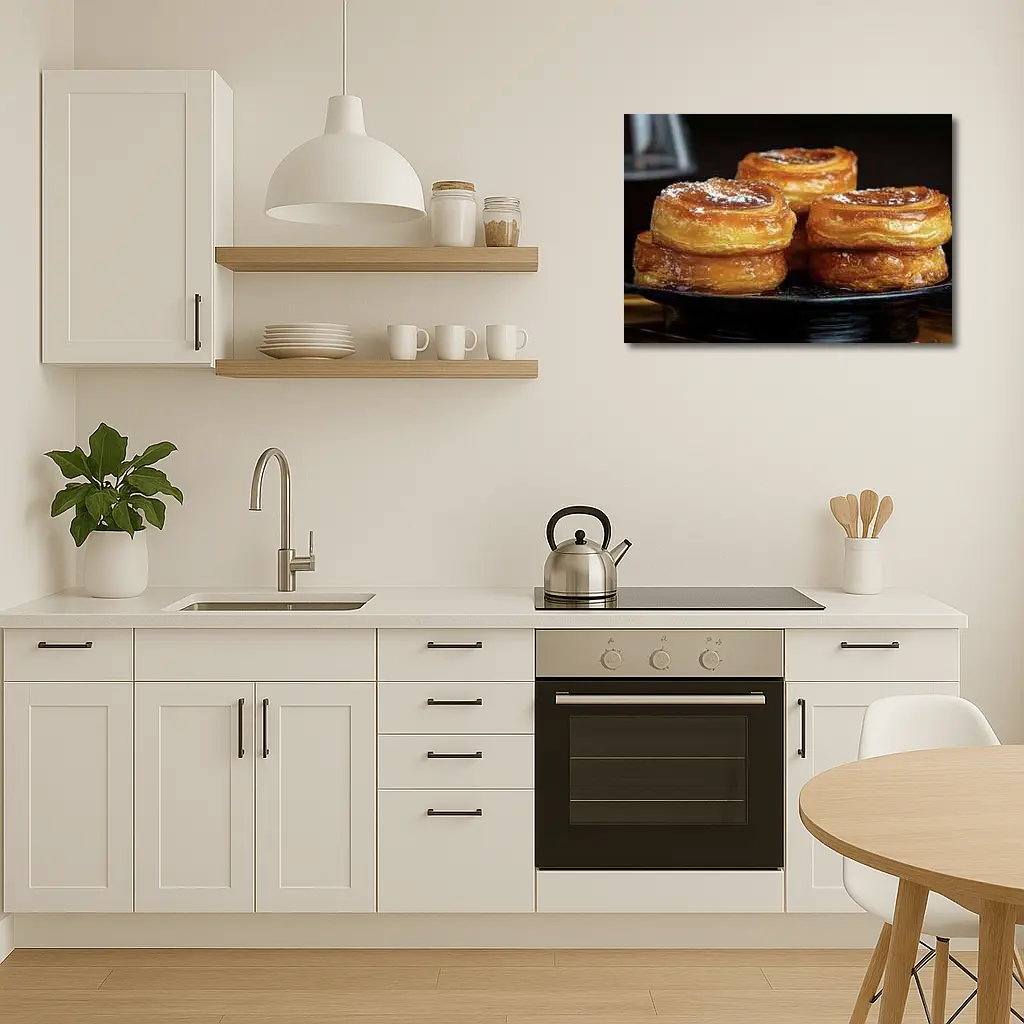 Golden Flaky Pastries On Dark Plate – Wall Art
