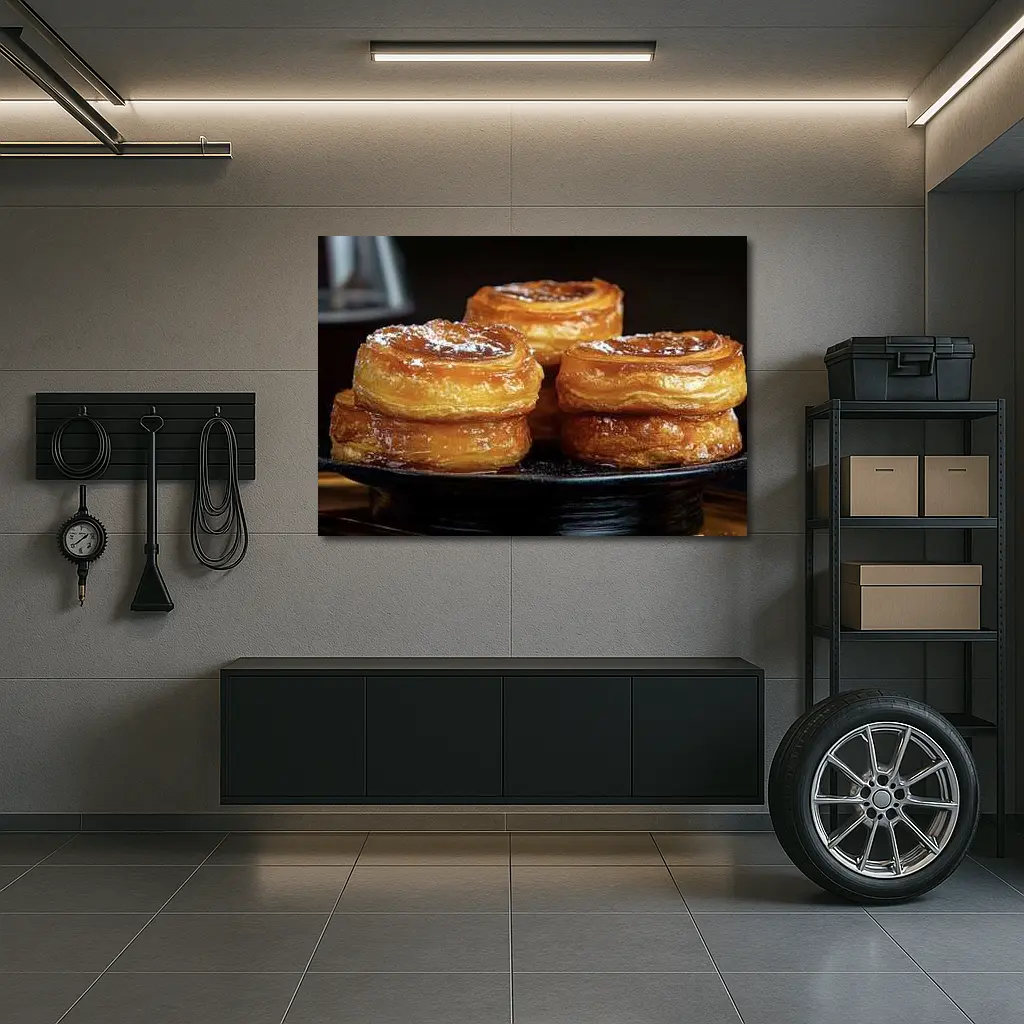 Golden Flaky Pastries On Dark Plate – Wall Art