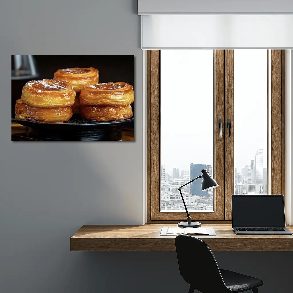 Golden Flaky Pastries On Dark Plate – Wall Art