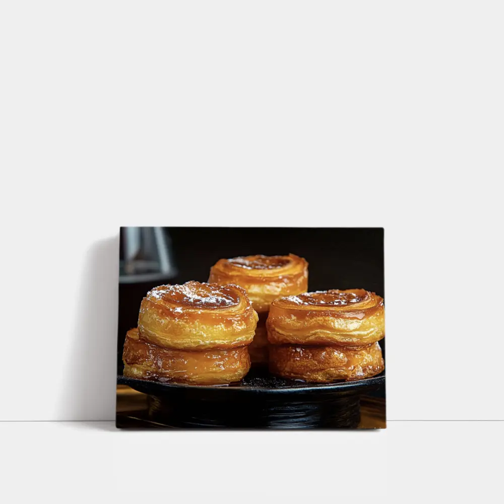 Golden Flaky Pastries On Dark Plate – Wall Art