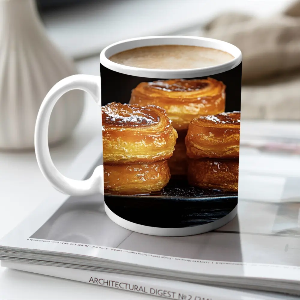 Golden Flaky Pastries On Dark Plate – Mugs