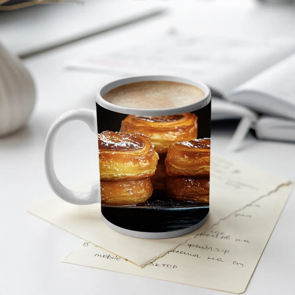 Golden Flaky Pastries On Dark Plate – Mugs