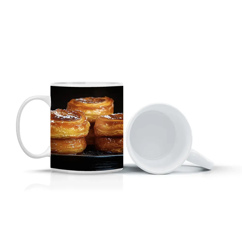 Golden Flaky Pastries On Dark Plate – Mugs