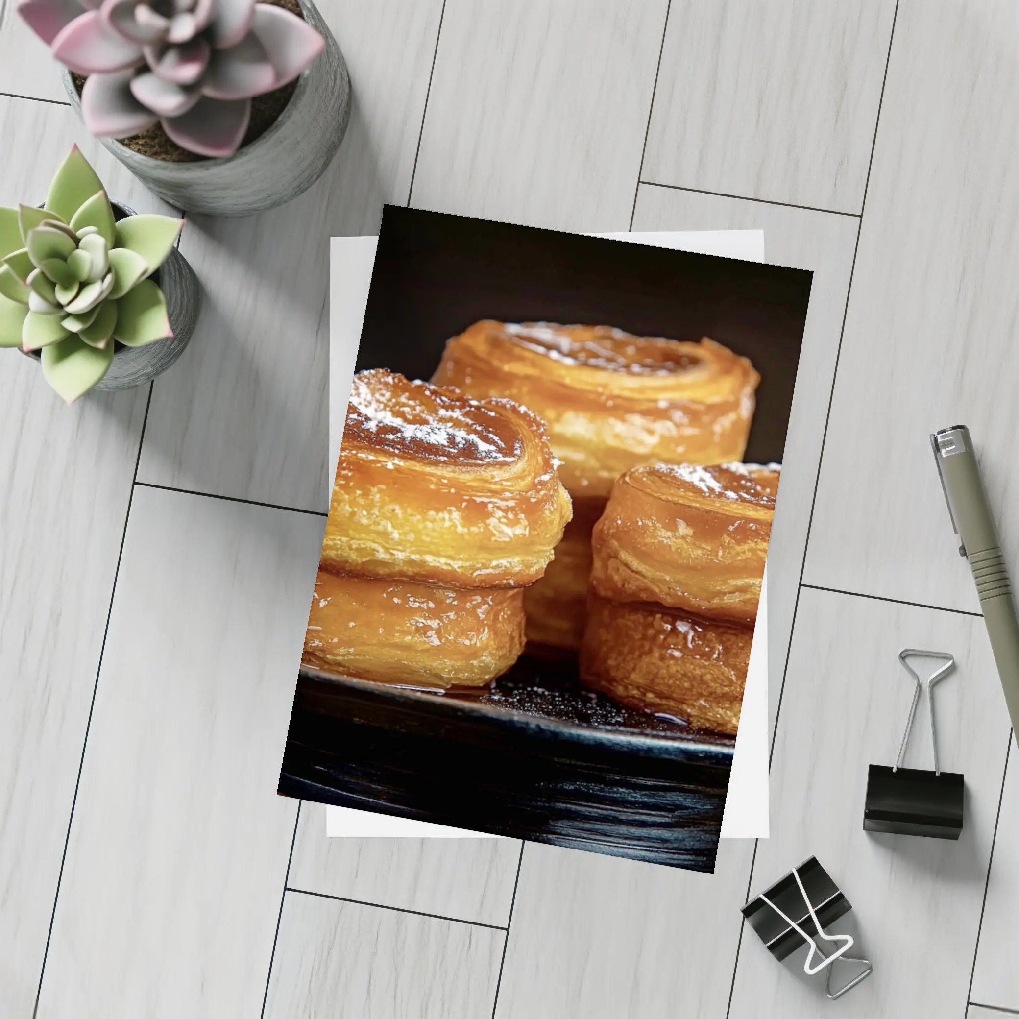 Golden Flaky Pastries On Dark Plate – Postcards