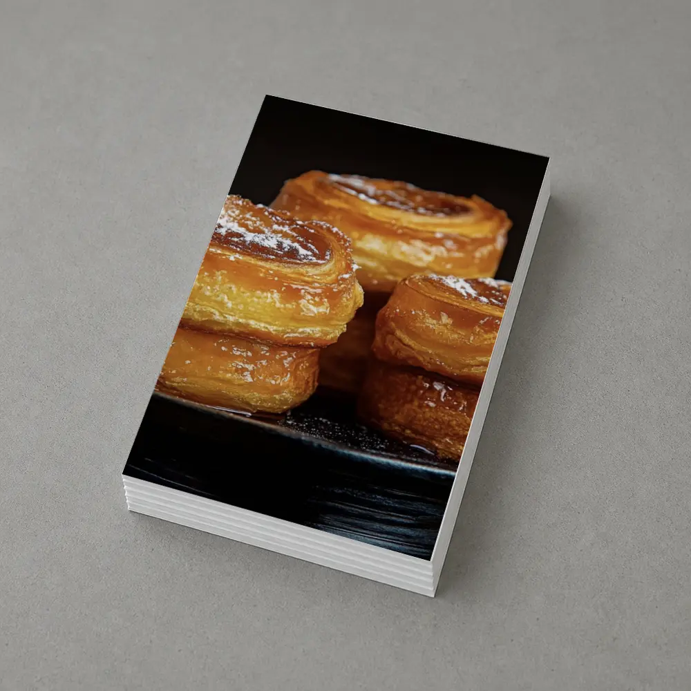 Golden Flaky Pastries On Dark Plate – Postcards