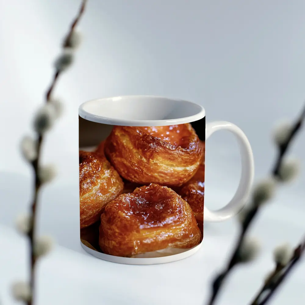 Golden Glazed Kouign Amann Pastries Rustic Basket – Mugs
